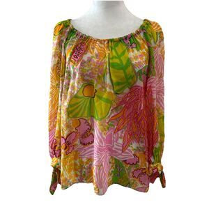 Trina Turk Floral Silk Women's Sheer Top Blouse Tunic Colorful Tropical Size S